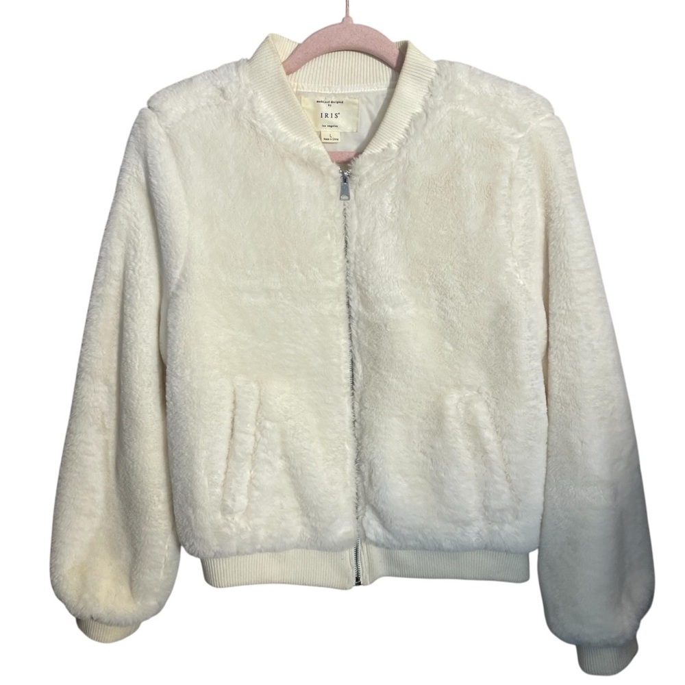 IRIS Faux Fur Zip Bomber Jacket Off White Size large